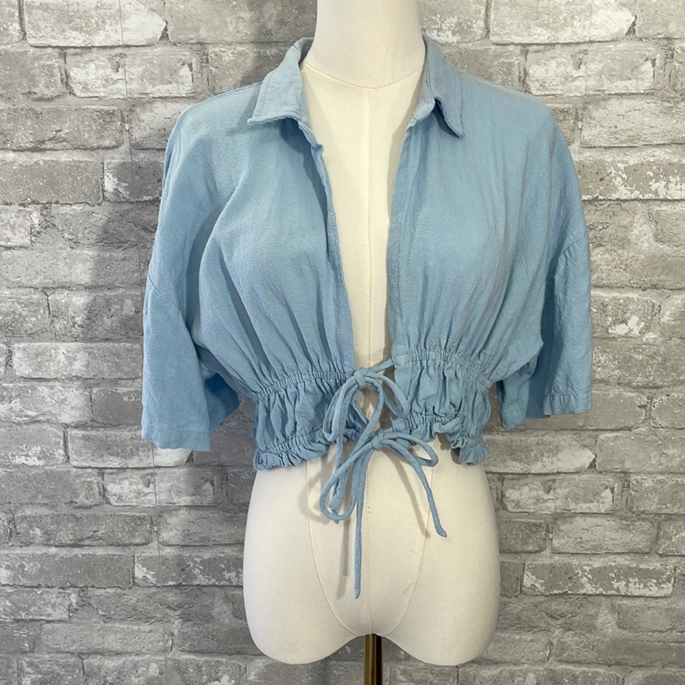 ACOA BABY BLUE TIE FRONT BLOUSE